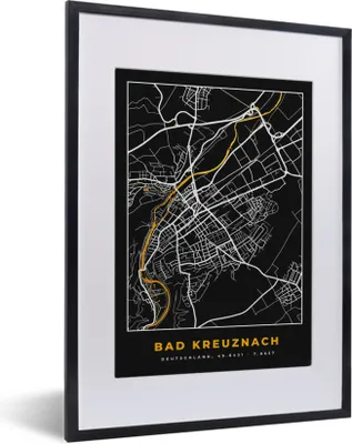 Produktbild von MuchoWow® Gerahmtes Poster Deutschland - Schwarz und Gold - Bad Kreuznach - Stadtplan - Karte 30x40 cm - Poster mit Schwarzem Bilderrahmen Wandposter Rahmen Foto Bilder - Wandposter Schlafzimmer