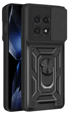 A black phone case with a ring holder and camera cover is shown against a black background.