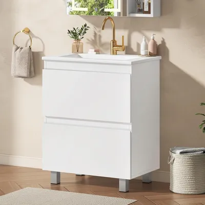 Image de Meuble vasque AODEMOKO avec armoire de 60 cm, meuble sous vasque, armoire de salle de bain avec 2 grands tiroirs, dimensions 61 x 46,5 x 87 cm, blanc