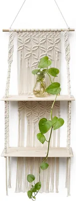 Produktbild von Wandregal Holz Makramee Regal Boho Deko Hängeregal Wanddeko Badezimmer Wohnzimmer Balkon Pflänzchen Handgewebte Schweberegal