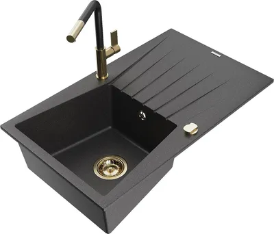 Produktbild von Mexen Cesar 1 Becken-Granitspüle mit Abtropffläche und Mischbatterie Flora, Schwarz gesprenkelt - 6514-76-670401-57-G