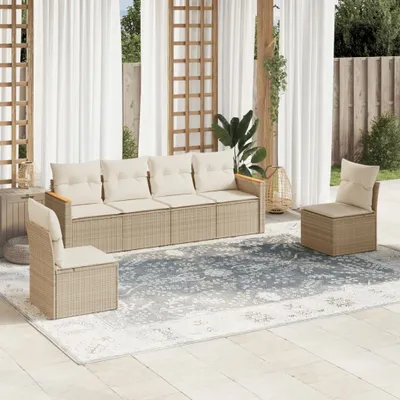Produktbild von Design 6-tlg. Garten-Sofagarnitur mit Kissen Beige Poly Rattan, Gartenmöbel-Sets 2024 Neu