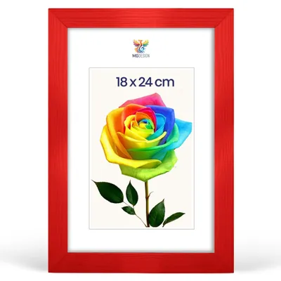 Produktbild von MG Design Bilderrahmen 18 x 24 cm - Fotorahmen mit Rot Holzrahmen (Echtholz) und bruchsicherem Acrylglas, Hoch & Quer zum Aufhängen, zum Aufstellen