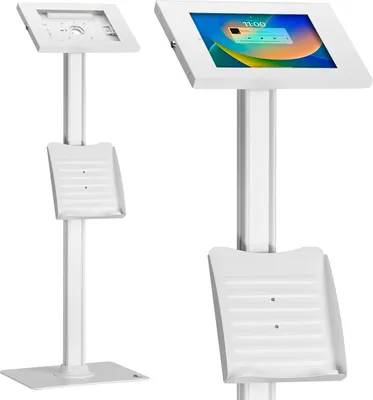 Image de MC-476 Support de tablette au sol Maclean avec protection antivol et porte-brochures Compatible avec 9.7"-11", iPad/iPad Air/iPad Pro, Samsung Galaxy Tab A/Tab A7/Tab S6 Lite Fixation au sol (Blanc)