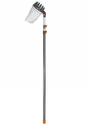 A fruit picker with a telescopic handle against a white background.