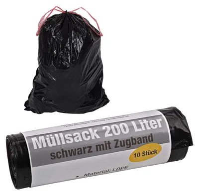 KesTek Müllsäcke Abfallsäcke Müllbeutel Zugbandbeutel 200L 10 Stück LDPE 50µm Schwarz 4066986405716 409512 40571KT