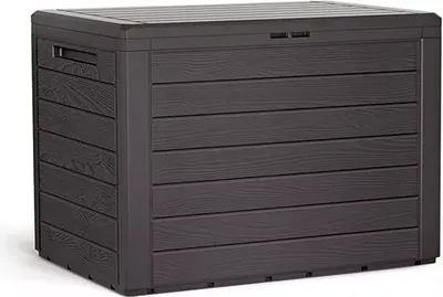 A dark brown storage box with a wood grain texture, shown from a slightly angled front view on a white background.