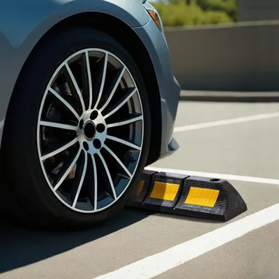 Produktbild von Wiltec Radstopper 47,5 x 12 x 8 cm, 2x Einparkhilfe aus Gummi, Parkplatzbegrenzung mit gelben Reflexionsstreifen & Schraubrillen, Parkplatzsperre für Garage