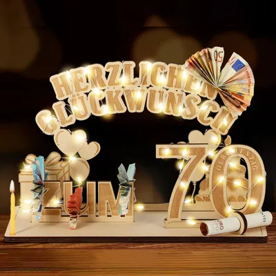 Produktbild von 70. Geburtstag Geldgeschenke Holz mit LED Lichterkette, Geschenke zum 70 Geburtstag Mann Frau, 70. Geburtstag Dekoration