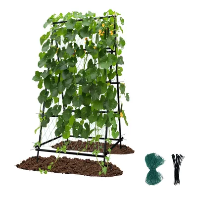 Image de WISFOR Treillis pour concombre, treillis en forme de A avec piquets de terre, treillis de jardin en métal avec filet, treillis pour plantes grimpantes, 105 x 105 x 176 cm