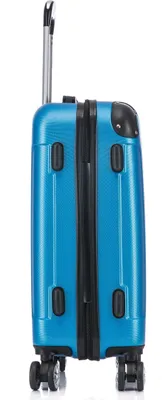 A blue suitcase is shown from the side, standing on its wheels.