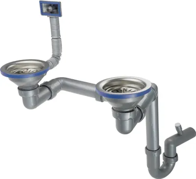 A double sink siphon plumbing kit against a white background.
