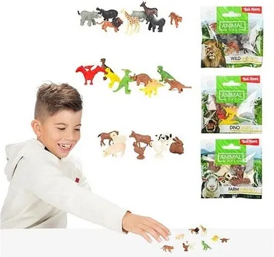 Produktbild von ANIMAL WORLD Set Mikrotiere 24 Stück in 3 Packungen: 8 x Bauernhof, 8 x Dinos und 8 x Wildnis, Tiere 2-3cm