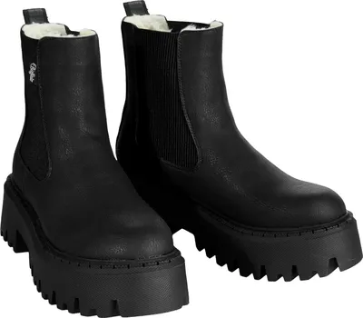 A pair of black Chelsea boots with a platform sole and faux fur lining, presented against a white background.