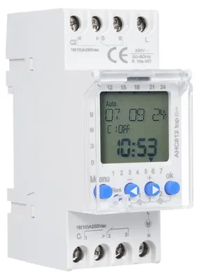 Produktbild von 2-Kanal-Timer, programmierbarer Zeitschalter AHC812, 230 V, 16 A, Wochenprogramm, digitaler Zeitschalter, Din-Schienenmontage