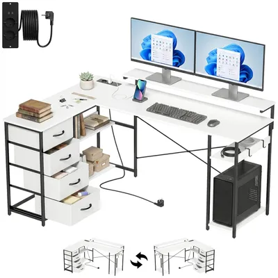 Produktbild von Wendbarer Eckschreibtisch - L-Form - 4 Stoffschubladen - Computerschreibtisch - Metallrahmen - Weiß