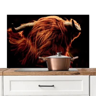 Produktbild von KitchenYeah®  Spritzschutz Küche - Küchenrückwand - Wandschutz für Herd und Spüle - Schottisches Hochlandrind - Kuh - Hörner - Porträt - Tiere 100x65 - Alu-Dibond (Alternative zum Spritzschutz aus Gla