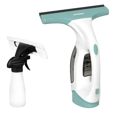 A white and teal window cleaning vacuum and a separate spray bottle with a cleaning pad are shown against a white background.
