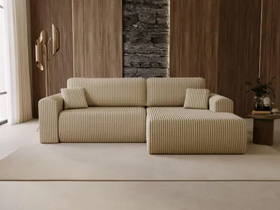 Produktbild von GrainGold Ecksofa L-Form Rechts Belvio -  Ecksofa mit Schlaffunktion und Bettkasten - Moderne Ecksofa, Wohnzimmer Ecksofa - Eckcouch Beige (Tilia 03)