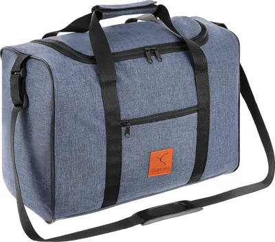 A blue duffel bag with black straps and zippers, and an orange logo patch.