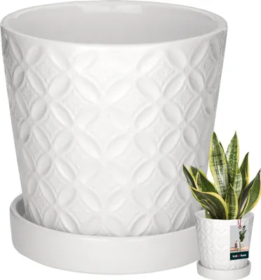 Produktbild von KOTARBAU® Pflanzentopf mit Untersetzer Weiß ⌀ 13 cm Höhe: 15 cm Glasierte Keramik Blumentopf Keramik groß Plant Pot Kaktus Topf mit Untersetzer Übertopf mit Untersetzer Blumentöpfe Keramik