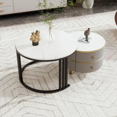 Zdjęcie produktu dla Zestaw 2 okrągłych stolików bocznych - z brązowym szklanym blatem, 2 szufladami, nowoczesny design - szary