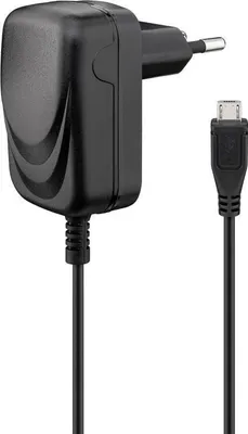 A black Micro-USB charger with a European plug and a connected cable.