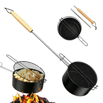 Popcornpfanne aus Kohlenstoffstahl, schwarz, 67 cm, mit Deckel