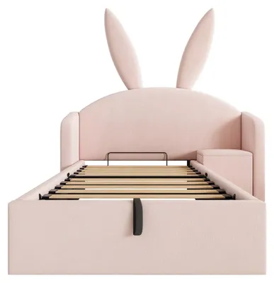 Productafbeelding van Kinderbed - Fluweelbed met gestoffeerd hoofdeinde - Konijnenoren aan het hoofdeinde - Hydraulische opbergruimte onder het bed - Ingebouwde nachtkastje - 90 x 190 cm - Roze