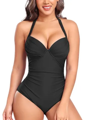 Produktbild von Badeanzug für Damen mit Push-Up-Effekt, V-Ausschnitt und Schnürdetails