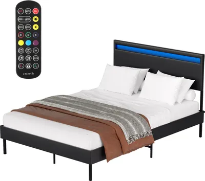 Produktbild von Izrielar Polsterbett 140x200 cm Doppelbett mit LED-Kopfteil in Schwarz - Gepolstertes LED-Bett mit Lattenrost
