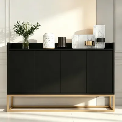 Produktbild von INONEFT Kommode Sideboard mit 4-Türiger und verstellbaren Ablagen, Metallrahmen Anrichte für Esszimmer, Wohnzimmer, Küche, 120*30*80 cm, Schwarz