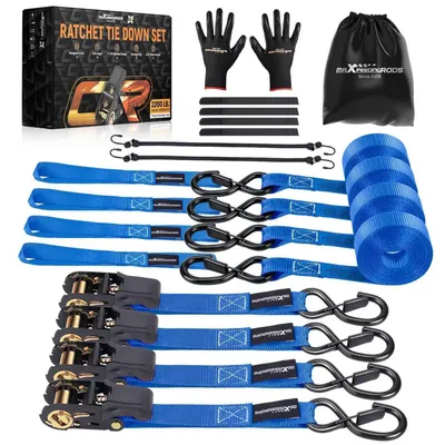 Immagine prodotto di Cinghie di fissaggio con sistema a ratchet, lunghezza 4,5 metri, capacità di carico 997 kg, larghezza 25 mm, colore blu, set da 4, inclusa custodia e elastici di fissaggio