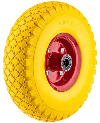 Obrázok produktu pre Koleso na tragač – koleso z plnejPolyuretánpeny odolné proti defektom, bezdušové – priemer 26 cm – otvor v náboji 16 mm – šírka náboja 7 cm – oceľový ráfik – nosnosť 100 kg – žlté