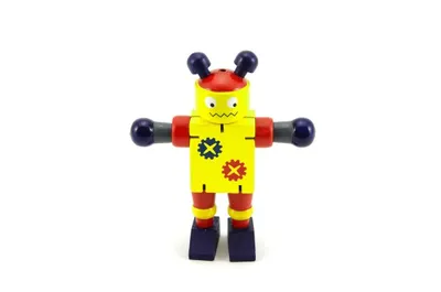 A wooden robot toy is centered on a white background.