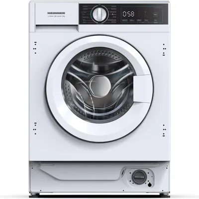 A front view of a white built-in washing machine.