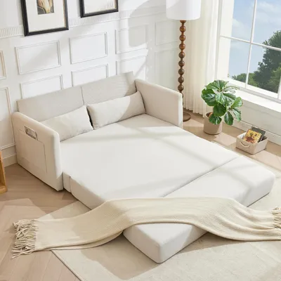 Image de okwish Canapé convertible canapé 2 places modulaire fonction 2 en 1 canapé au sol canapé-lit avec coussin lombaire et 2 poches de rangement tissu côtelé beige