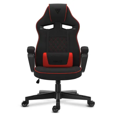 A black and red gaming chair is shown from the front on a white background.