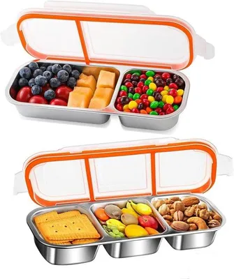 Produktbild von Famanu Snackbox aus Edelstahl – stapelbare Lebensmittelbehälter mit Trennwänden und Deckeln – Bento-Stil für Schule, Büro, Reisen (2+3 Fächer)
