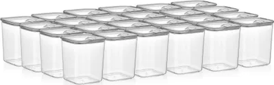A collection of clear plastic food storage containers with gray lids, arranged in rows.
