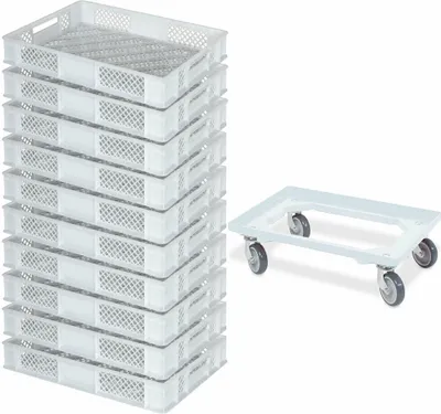 Produktbild von 10 Euroboxen / Bäckerkiste, LxBxH 600x400x90 mm, weiß + Transportroller