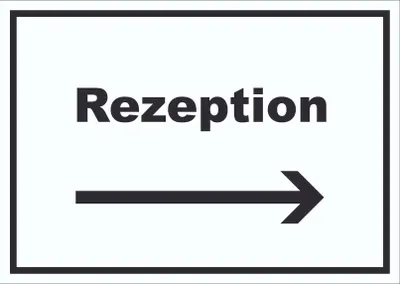 Produktbild von Rezeption Schild mit Text und Richtungspfeil rechts Anmeldung Eingang waagerecht A2 Rückseite selbstklebend