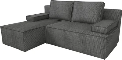 A dark gray corduroy sectional sofa with a chaise lounge.