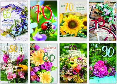 Produktbild von 100 Glückwunschkarten mit Umschlägen 65-90 Geburtstag Sortiment Zahlengeburtstage 8 Motive, 150,00€
