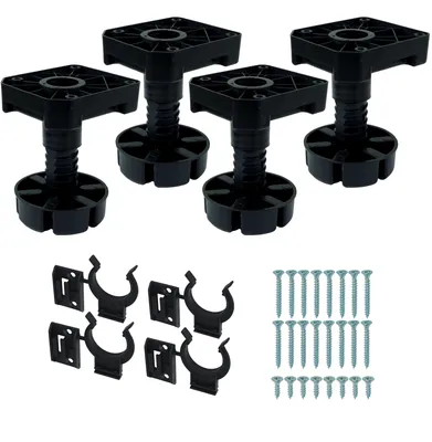 Produktbild von Set aus 4 verstellbaren Küchenfüßen 12,5 - 19,5 cm, belastbar bis 450 kg + Clips