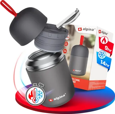Produktbild von alpina Thermobehälter für Essen - SPÜLMASCHINENFESTER Thermo Becher 530 ml mit Druckausgleich und faltbarem Löffel - Hält extra lange warm und kalt I Edelstahl Thermobecher BPA frei