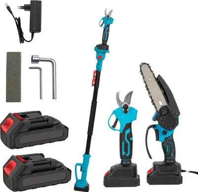 Produktbild von Teleskop-Kettensäge & Astschere - 126–260 cm Reichweite - 15 cm Kettensäge + 25 mm Astschere - Bürstenloser Motor - Mit Akku - Braun