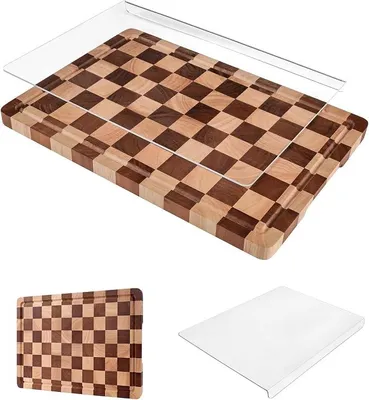 Produktbild von PolkaHome® Schneidebrett-Set 2-teilig – Holz Schachbrettmuster & Acryl Schneidebrett mit Saftrille und Antirutschfüßen für Küche,
