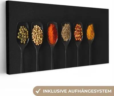 Produktbild von MuchoWow® - Leinwandbilder - Löffel - Gewürze - Schwarz - Gewürze - Rustikal, Wandbild, Wanddeko Bilder Wohnzimmer, 80x40 cm