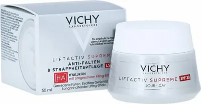 A product shot of a Vichy Liftactiv Supreme anti-wrinkle and firming cream jar and its packaging.